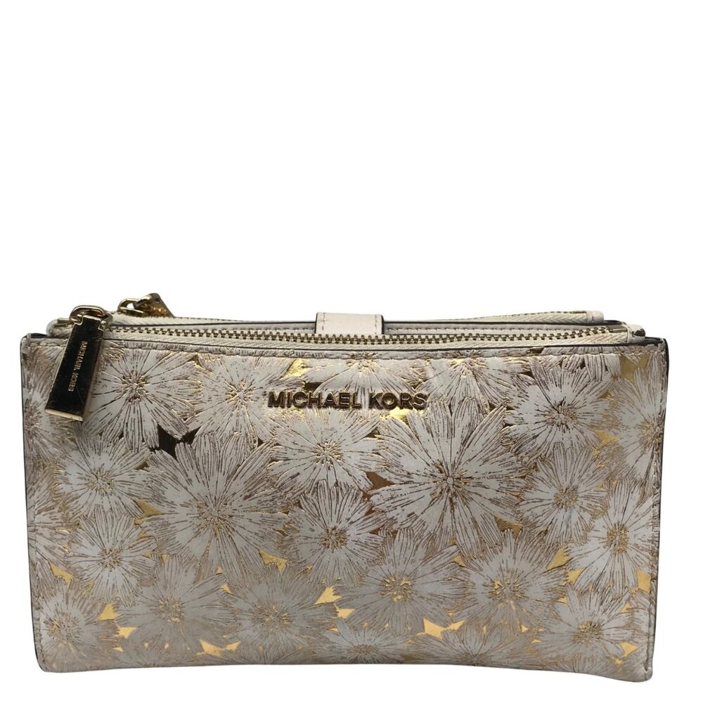 Michael Kors Gold Floral Embossed Leather Karla Wristlet - Picture 1 of 12